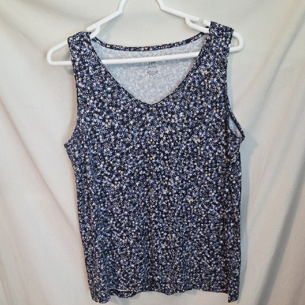 J Jill Perfect Pima V- Neck Tank Navy With Ditsy Floral Print Size Medium